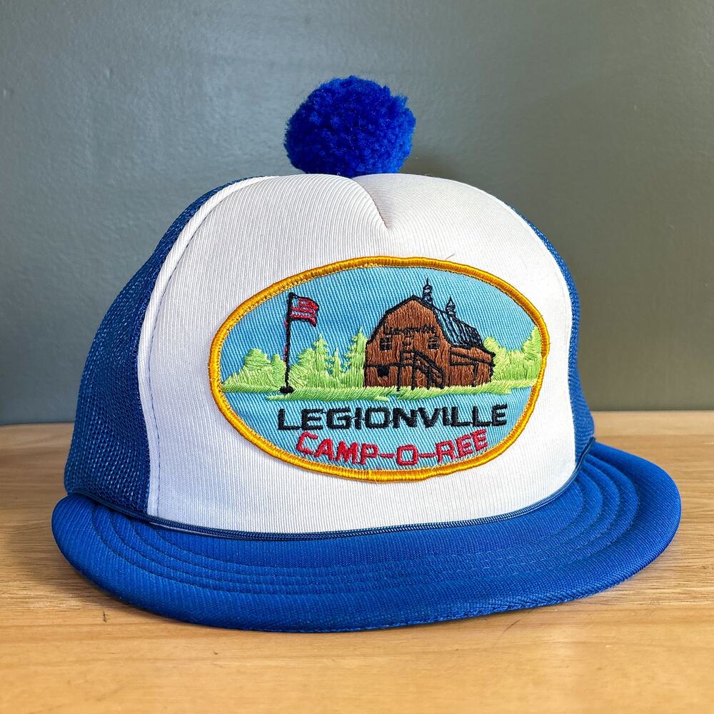 Vintage Legionville Camp-O-Ree Blue White Pom Pom Patch Trucker Snapback Hat